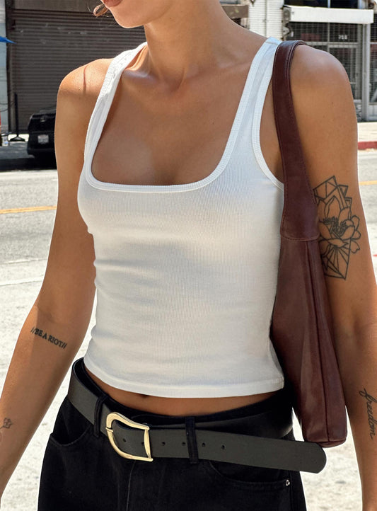 Temel Kare Yaka Rib Tank Top Beyaz