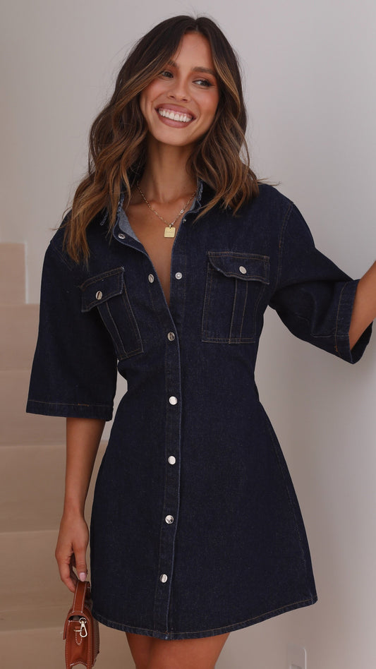 Raz Mini Elbise - Koyu Denim