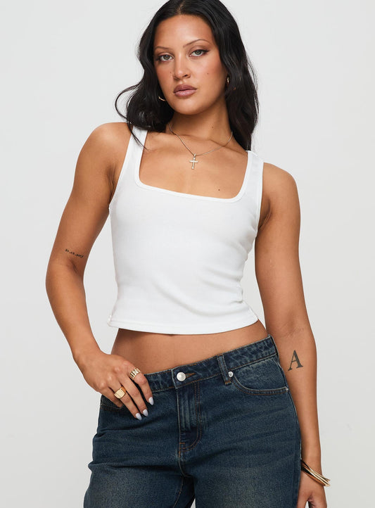 Temel Kare Yaka Rib Tank Top Beyaz