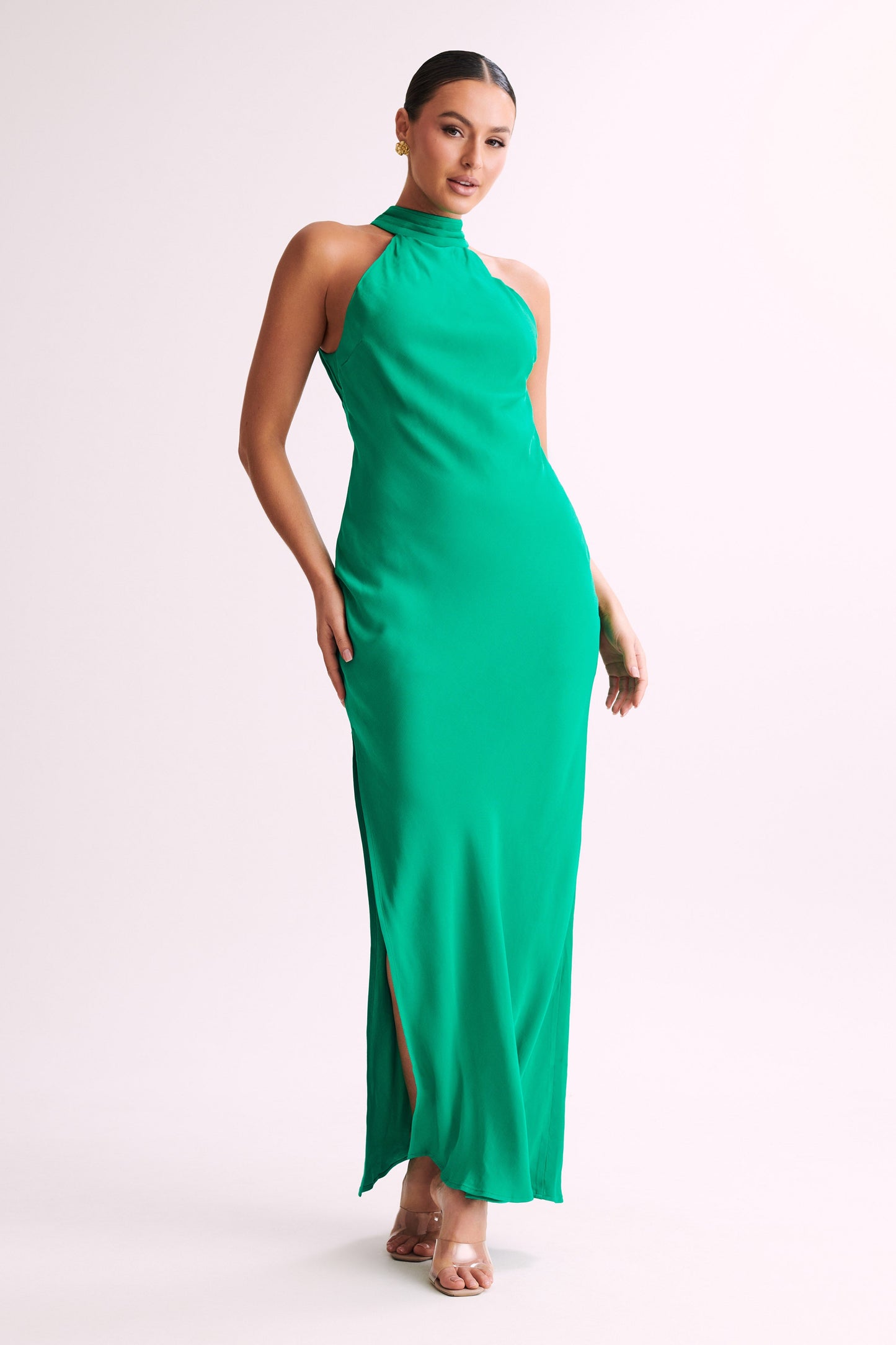 Claire Satin Drape Back Maxi Elbise Yırtmaçlı - Yeşil