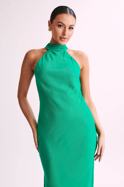 Claire Satin Drape Back Maxi Elbise Yırtmaçlı - Yeşil