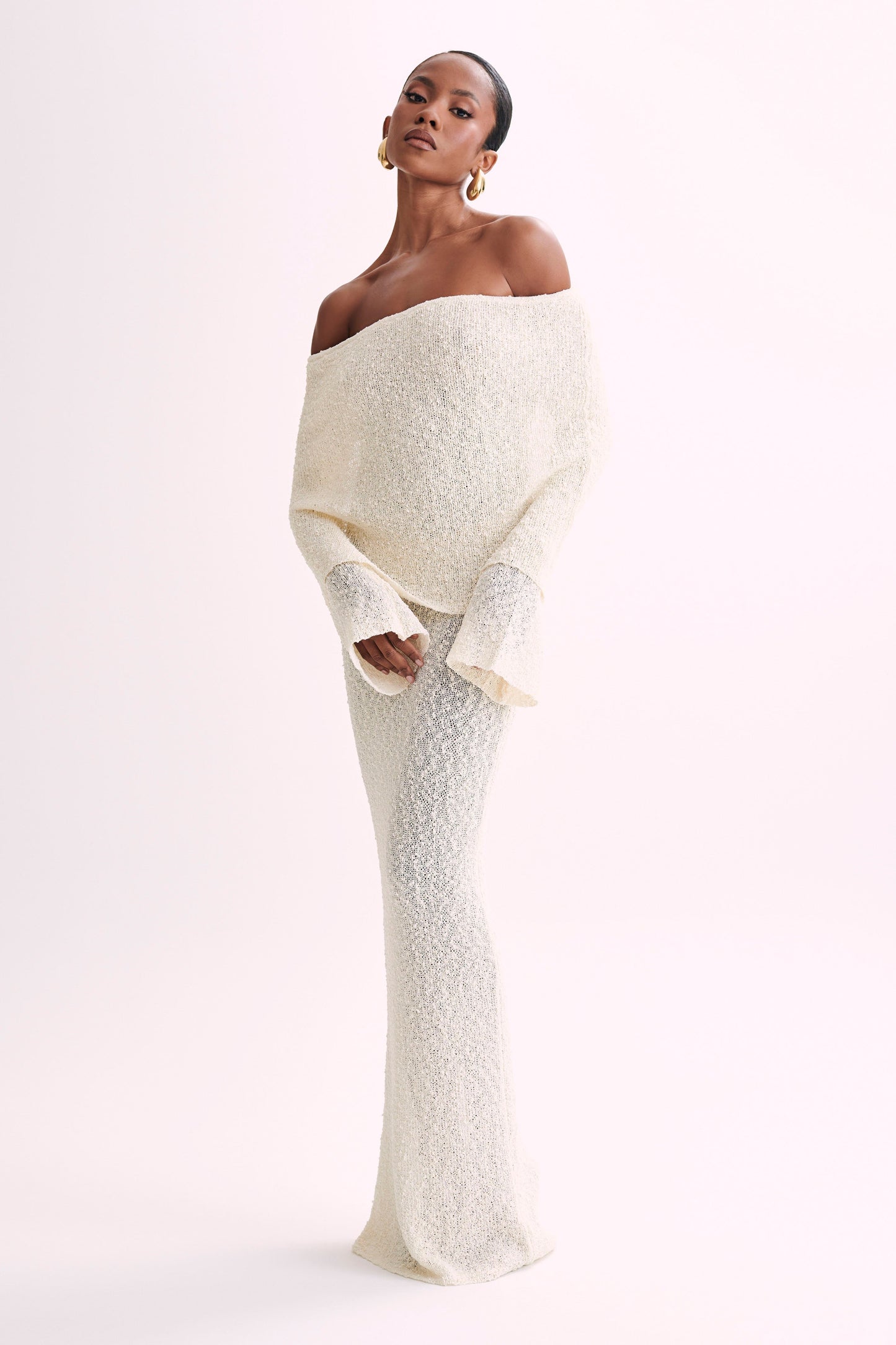 Marisol Tek Omuzlu Boucle Maxi Elbise - Ivory