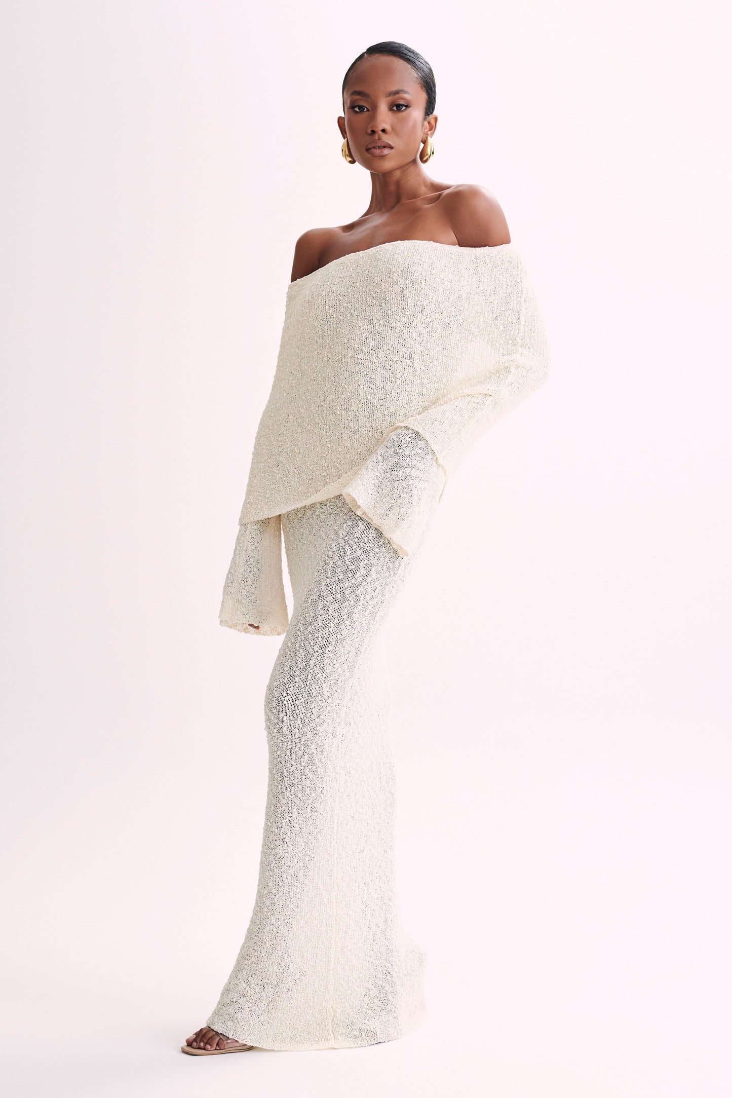 Marisol Tek Omuzlu Boucle Maxi Elbise - Ivory