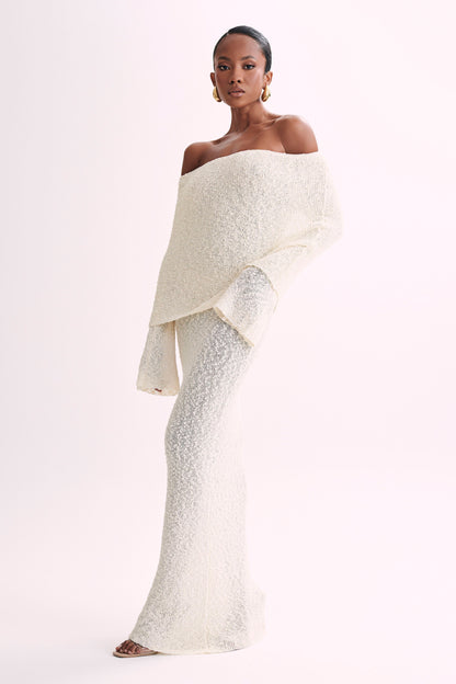 Marisol Tek Omuzlu Boucle Maxi Elbise - Ivory