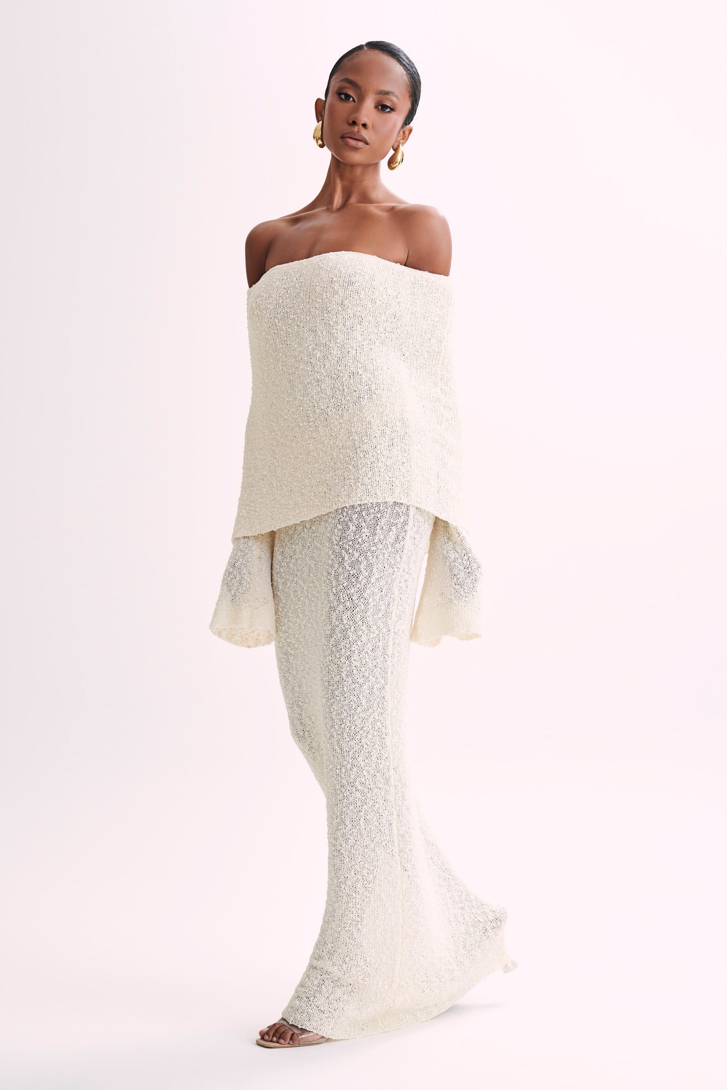 Marisol Tek Omuzlu Boucle Maxi Elbise - Ivory