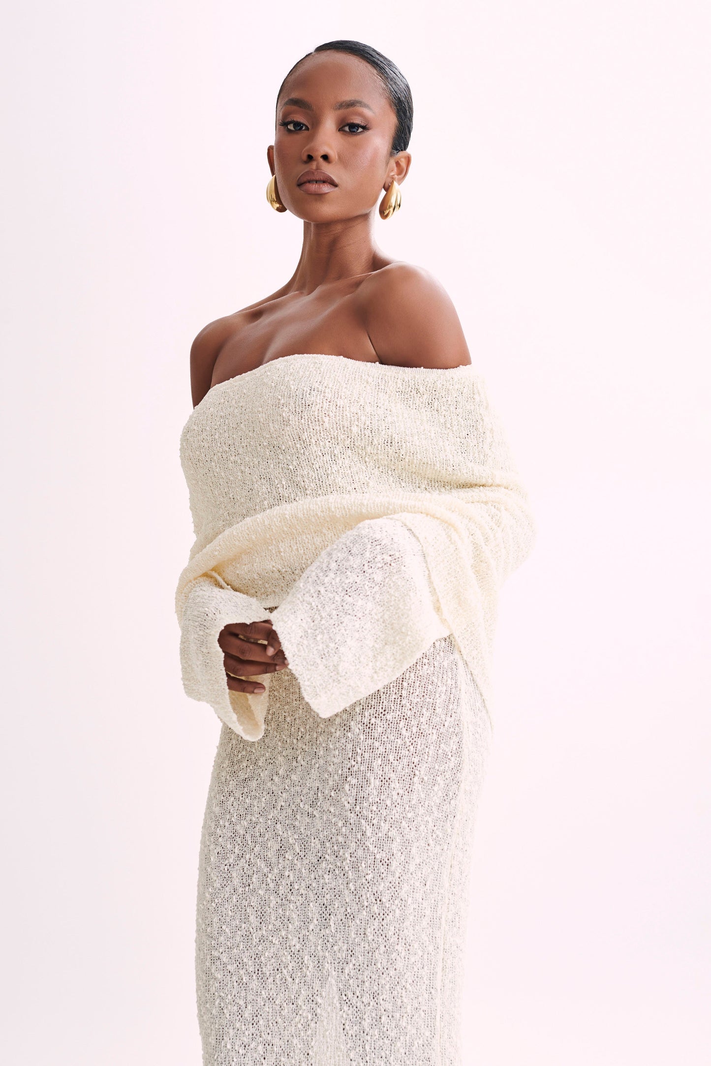 Marisol Tek Omuzlu Boucle Maxi Elbise - Ivory