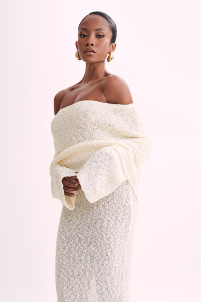 Marisol Tek Omuzlu Boucle Maxi Elbise - Ivory