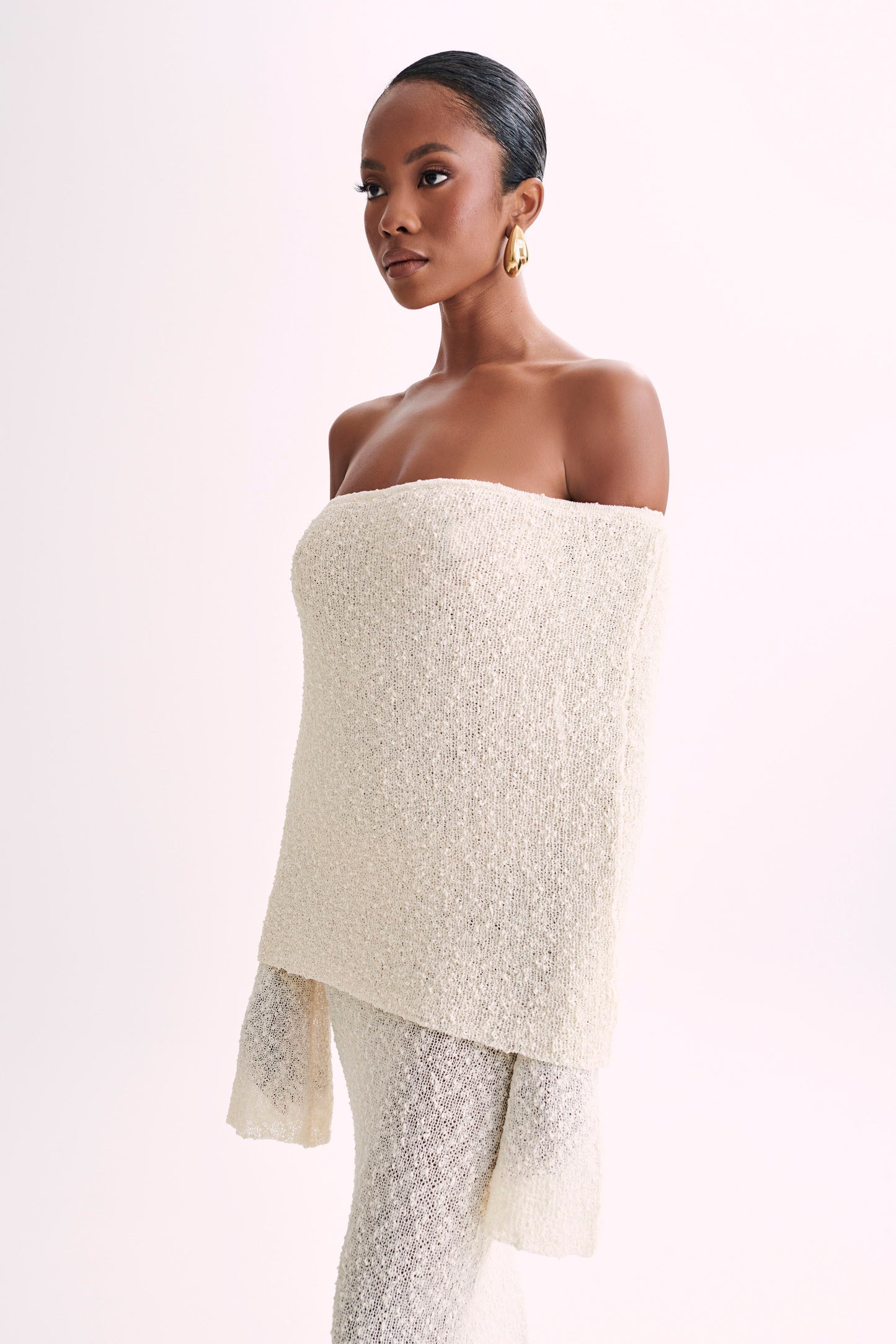 Marisol Tek Omuzlu Boucle Maxi Elbise - Ivory