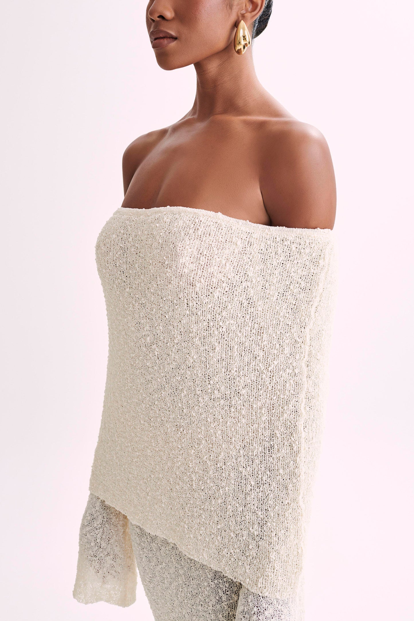 Marisol Tek Omuzlu Boucle Maxi Elbise - Ivory