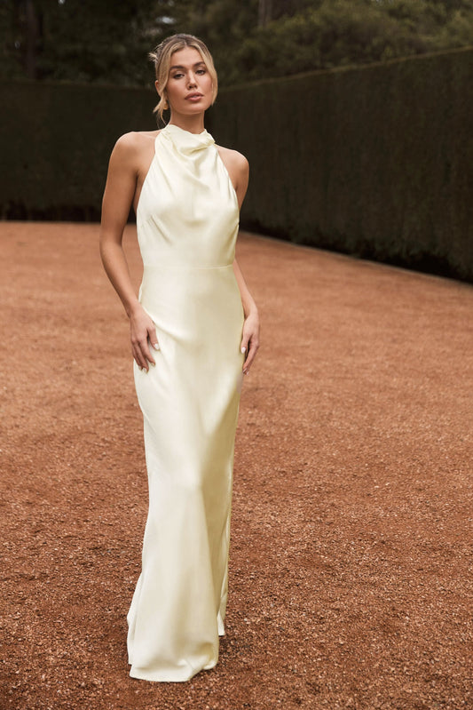 Esther Iridescent Saten Sırt Dekolteli Maxi Elbise - Limon