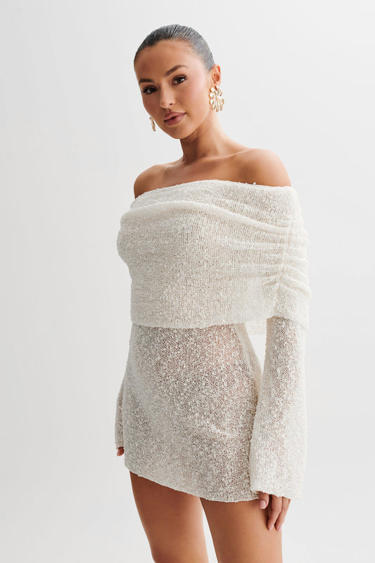 Marisol Omuz Açık Boucle Mini Elbise - Ivory
