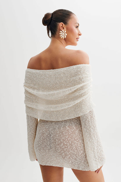 Marisol Omuz Açık Boucle Mini Elbise - Ivory