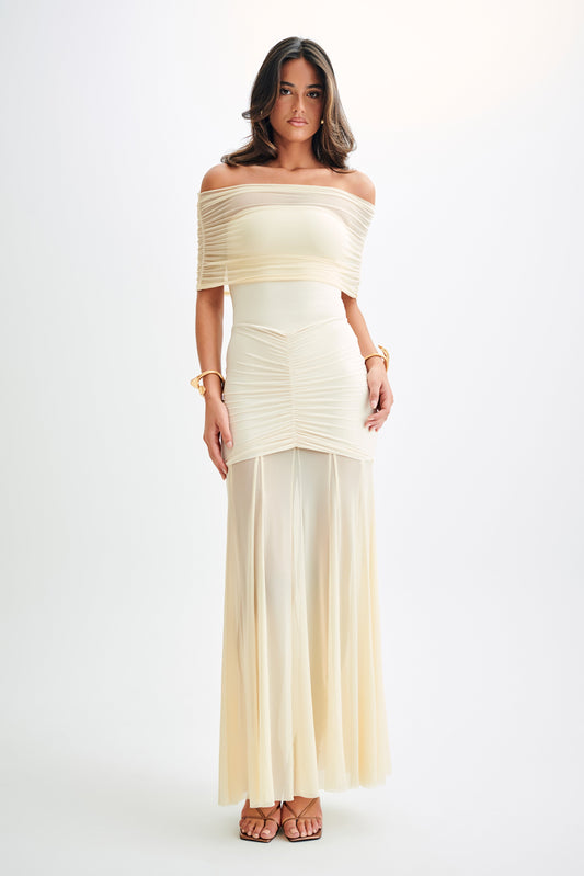 Caspian Slinky Ve File Off Shoulder Maxi Elbise - Ivory