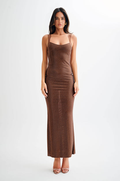 Jasmyn Hot Fix Maxi Elbise - Çikolata