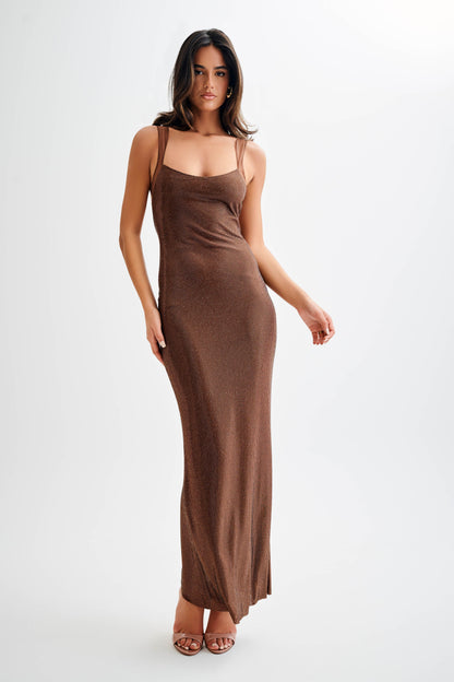 Jasmyn Hot Fix Maxi Elbise - Çikolata