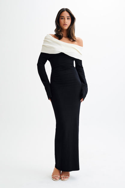 Yoko Kontrast Triko Maxi Elbise - Siyah/Beyaz