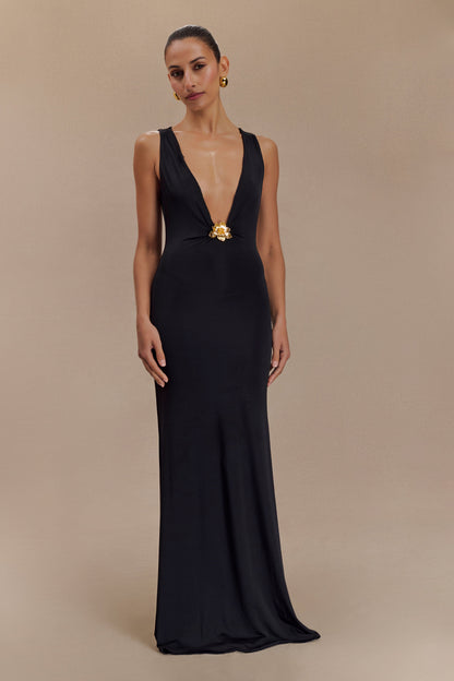 Beck Plunge Maxi Elbise Çiçek Aksesuar - Siyah