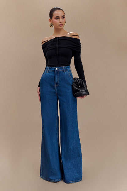 Jen Geniş Paça Fırfır Denim Pantolon - Koyu Mavi