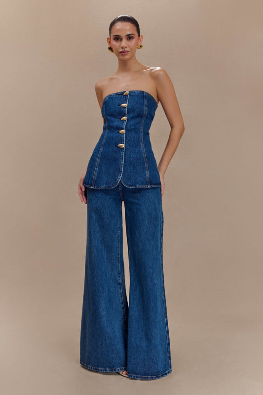 Jen Geniş Paça Fırfır Denim Pantolon - Koyu Mavi