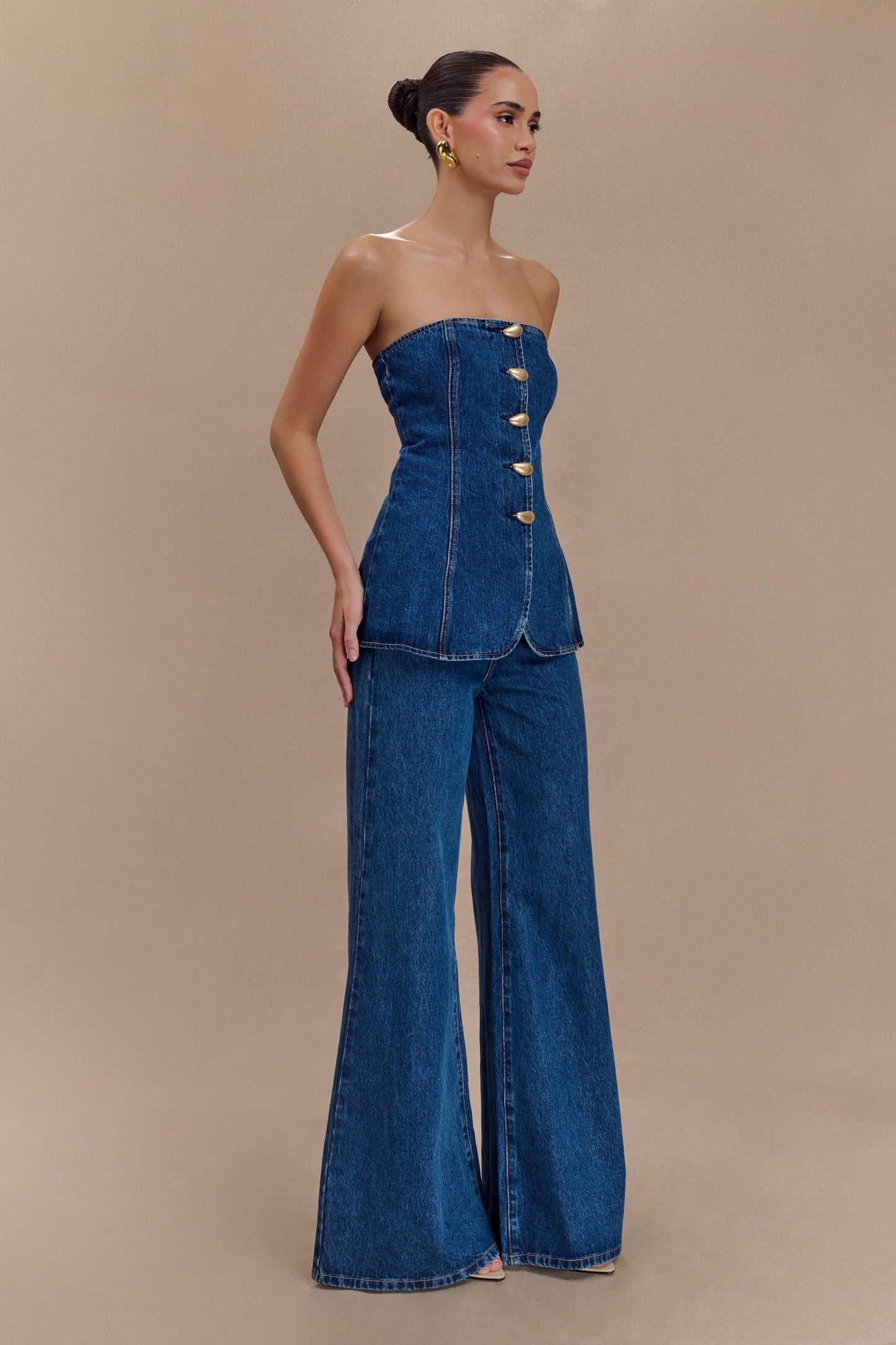 Jen Geniş Paça Fırfır Denim Pantolon - Koyu Mavi