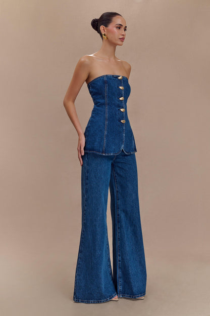 Jen Geniş Paça Fırfır Denim Pantolon - Koyu Mavi