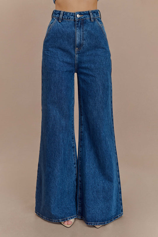 Jen Geniş Paça Fırfır Denim Pantolon - Koyu Mavi