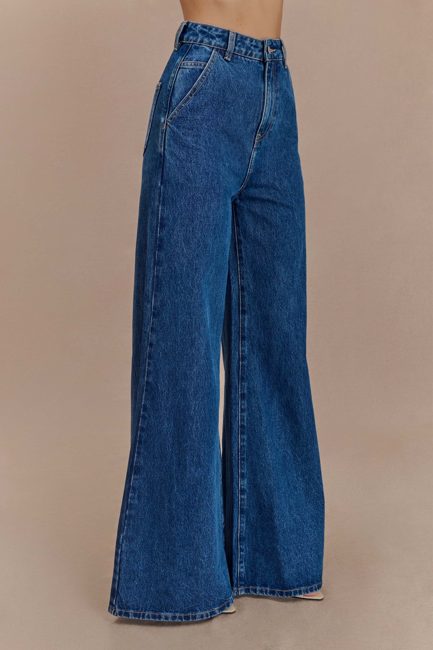 Jen Geniş Paça Fırfır Denim Pantolon - Koyu Mavi