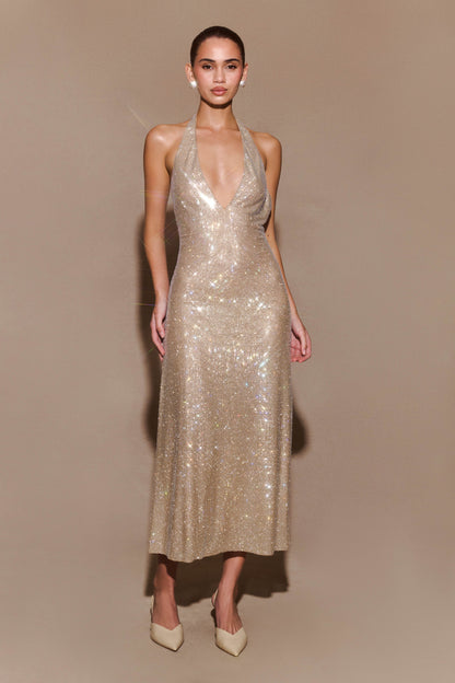 Genie Diamante Halter Midi Elbise - Ten Rengi