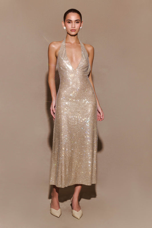 Genie Diamante Halter Midi Elbise - Ten Rengi