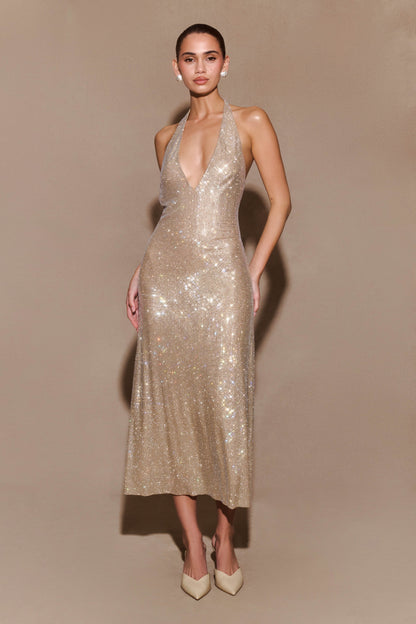 Genie Diamante Halter Midi Elbise - Ten Rengi