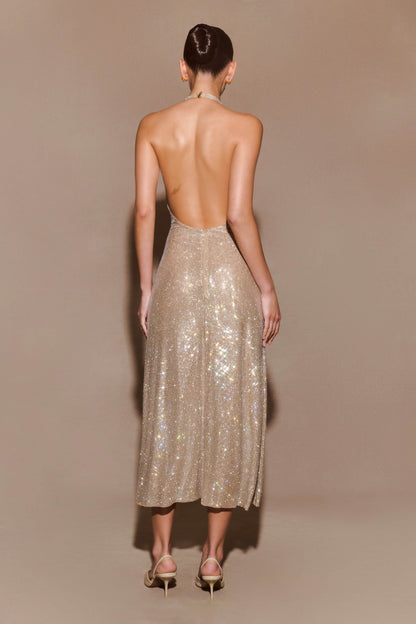 Genie Diamante Halter Midi Elbise - Ten Rengi