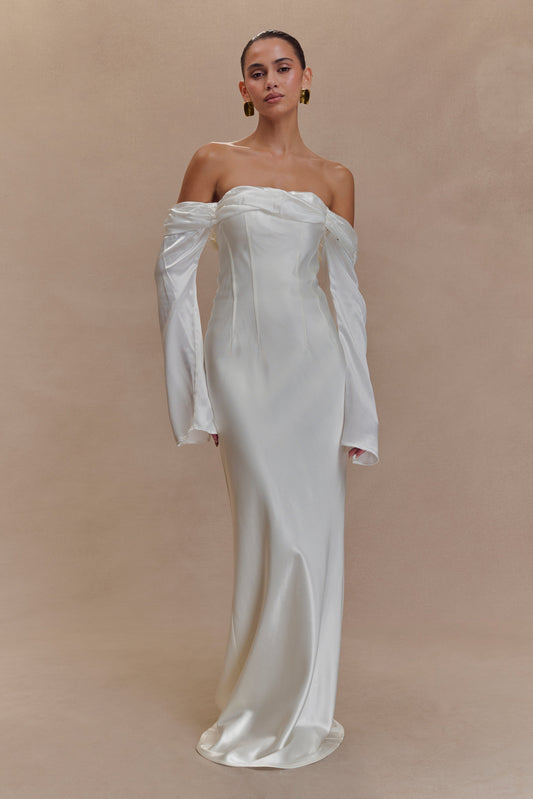 Giselle Düşük Omuzlu Cowl Yaka Maxi Elbise - Beyaz