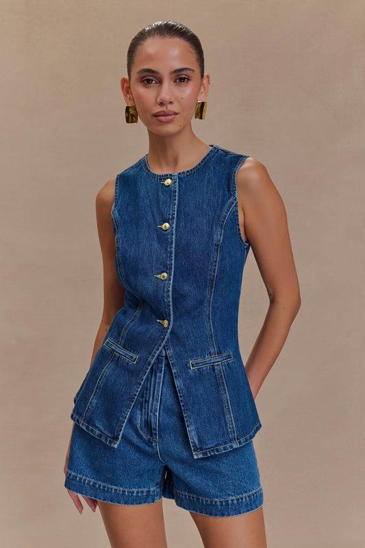 Abel Denim Düğmeli Üst - Koyu Mavi
