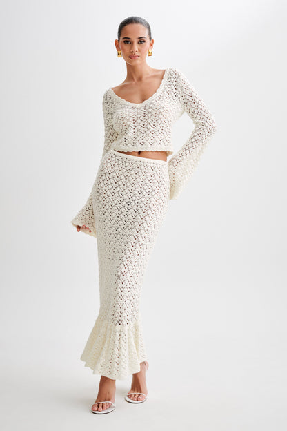 Anais Frill Knit Midi Etek - Ivory