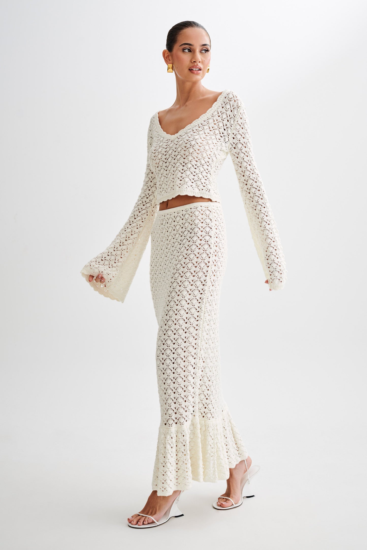 Anais Frill Knit Midi Etek - Ivory