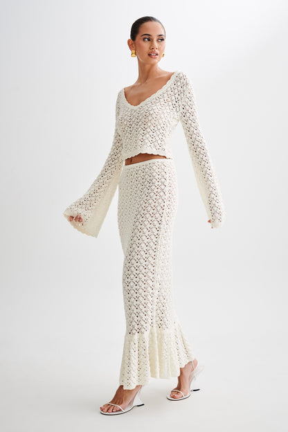 Anais Frill Knit Midi Etek - Ivory