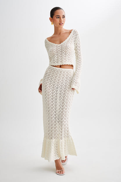 Anais Frill Knit Midi Etek - Ivory