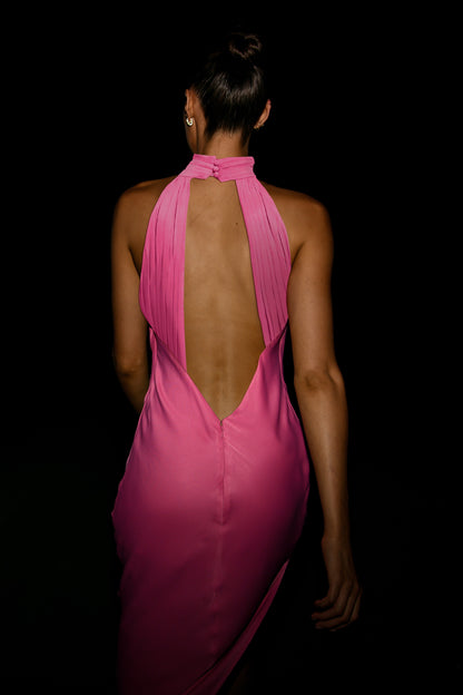 Claire Satin Drape Back Maxi Dress with Split - Pembe