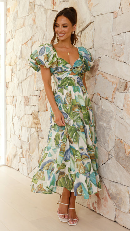 Balthazar Maxi Elbise - Yeşil / Mavi Desen