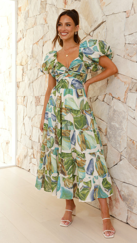 Balthazar Maxi Elbise - Yeşil / Mavi Desen