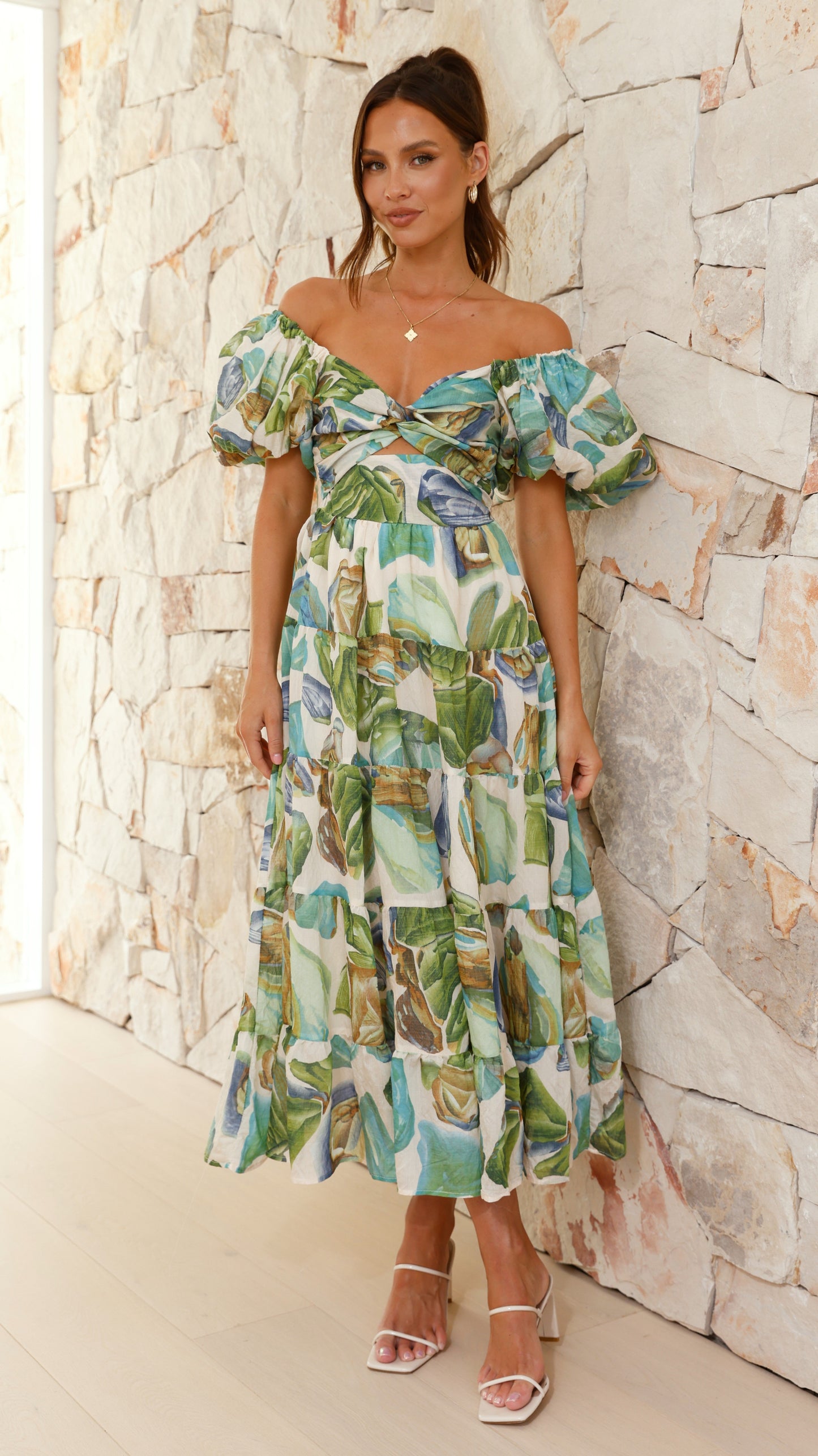 Balthazar Maxi Elbise - Yeşil / Mavi Desen