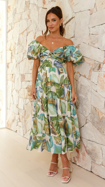 Balthazar Maxi Elbise - Yeşil / Mavi Desen