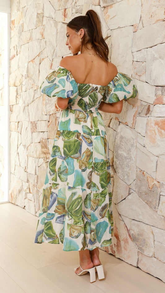 Balthazar Maxi Elbise - Yeşil / Mavi Desen