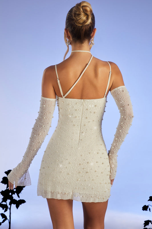 Süslenmiş Asimetrik Korse Mini Elbise - Ivory