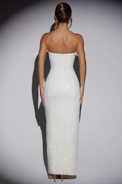 Süslemeli Bandeau Düşük Yaka Maxi Elbise - Ivory