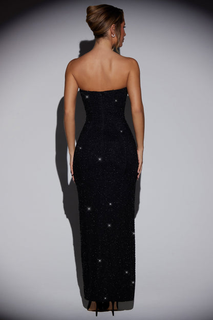Süslemeli Bandeau Cowl Neck Maxi Elbise - Siyah