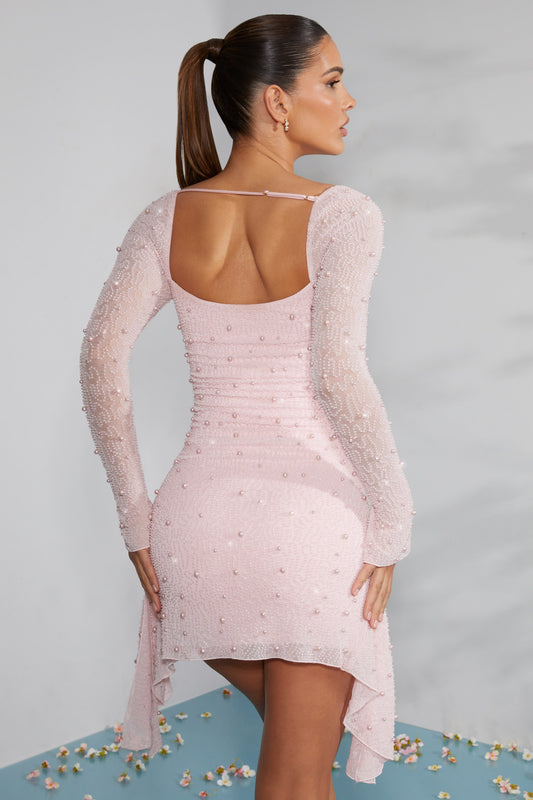 Uzun Kollu Süslemeli Yaka Mini Elbise - Pembe