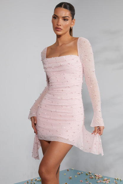 Uzun Kollu Süslemeli Yaka Mini Elbise - Pembe