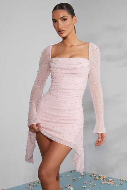 Uzun Kollu Süslemeli Yaka Mini Elbise - Pembe