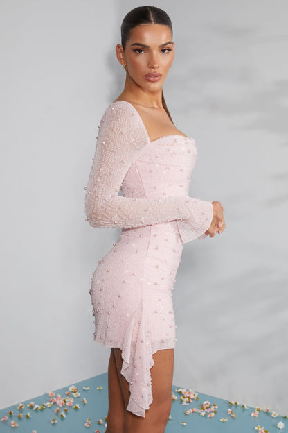 Uzun Kollu Süslemeli Yaka Mini Elbise - Pembe